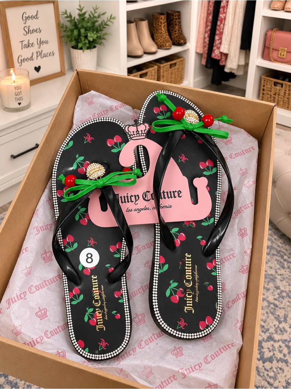 Juicy Couture Black Cherry Print Embellished Flip Flops with Green Bows
